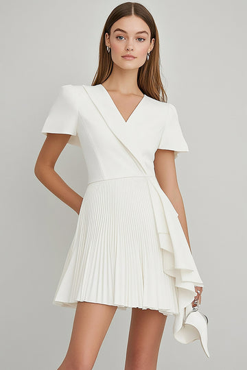 Pleated Ivory A Line Graduation Dress with Short Sleeves